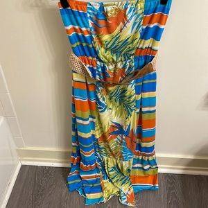 Strapless Belted Dress Size L Color Blue Green Orange